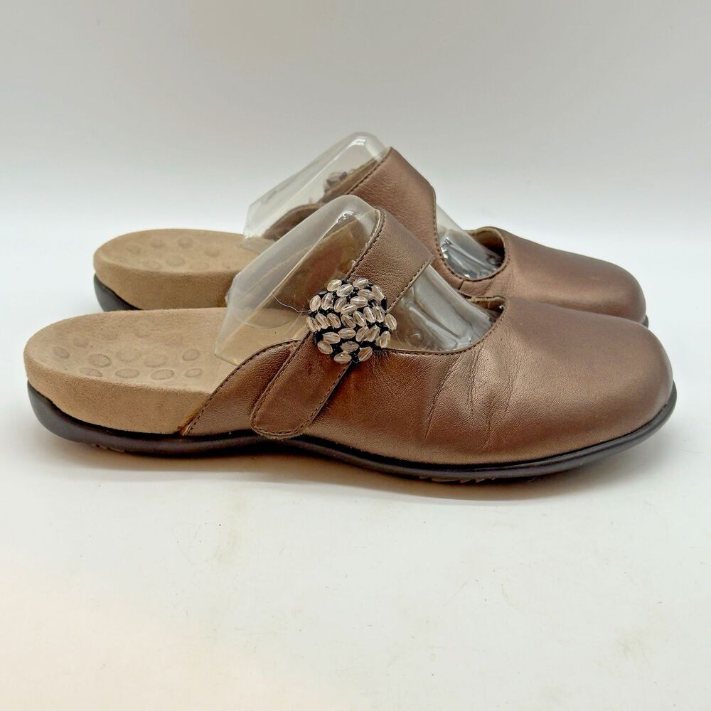 Vionic Joan Mules Women’s 8 Metallic Copper Mary Jane Bling Hook & Loop Slides